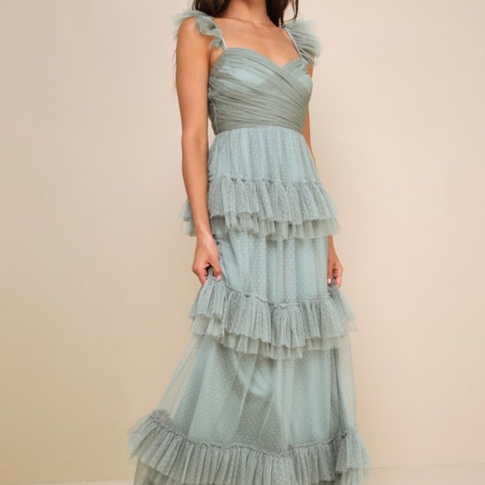 Lulus Pure Radiance Sage Brush Mesh Swiss Dot Tiered Maxi Dress Green - Size M